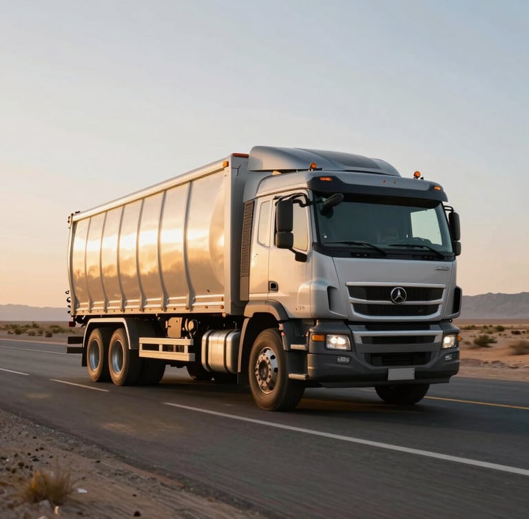 Vertical shot of a heavy-duty cargo truck driving on a desert highway at golden hour, warm sunlight reflecting off the metallic cabin, empty road stretching ahead, high-contrast industrial lighting.