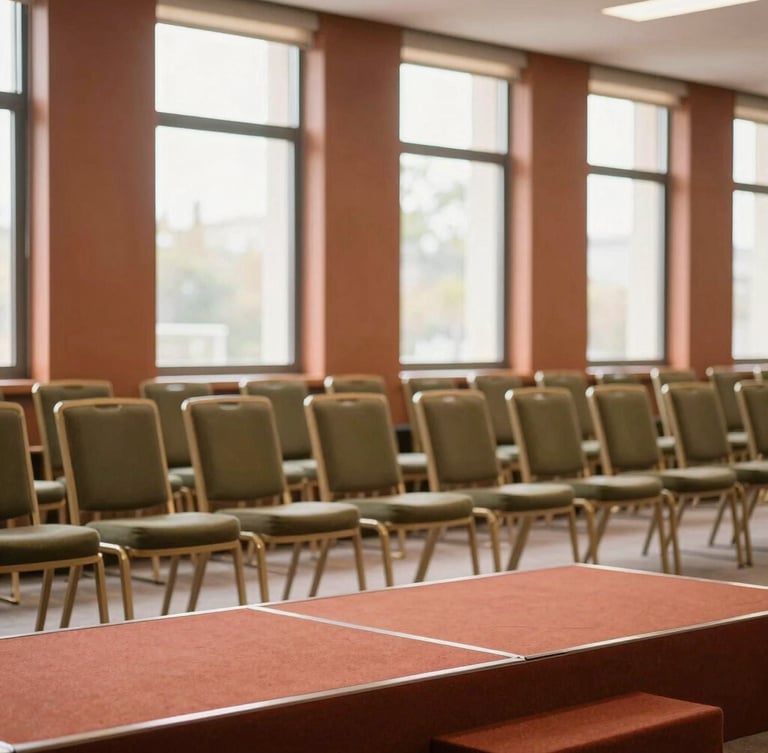 A structured corporate stage setup with neat rows of chairs, warm natural daylight filtering through large windows, terracotta accents, clean composition, medium format