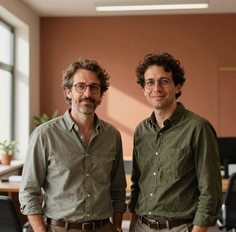 Warm editorial portrait of two founders in a sunlit, structured office space with terracotta accents, soft natural daylight, medium format composition.