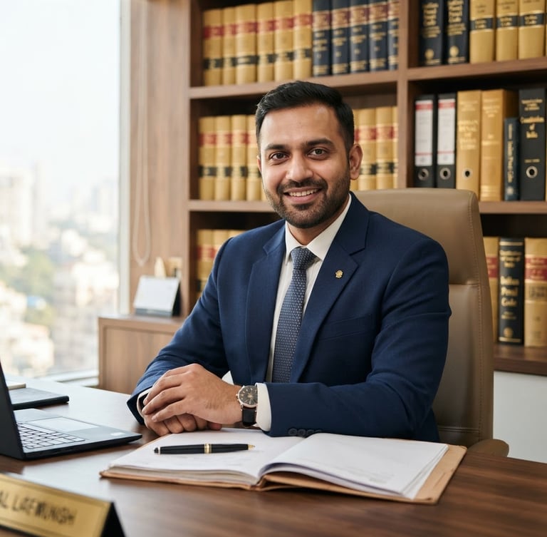 Medium close-up of a professional Indian lawyer in a dark suit sitting in a bright, modern office with legal volumes on a shelf behind him, soft natural window light