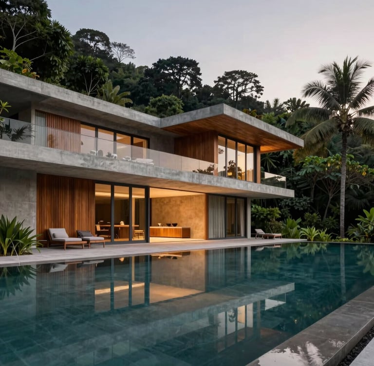 Wide architectural elevation of a concrete and teak luxury villa in Koh Samui at twilight, reflecting in a still infinity pool, lush jungle silhouettes in the background, soft overcast light.