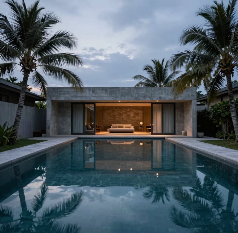 Symmetrical wide angle of a silent infinity pool at deep twilight, reflecting a minimalist concrete villa facade and dark tropical palms, soft overcast sky, Koh Samui.