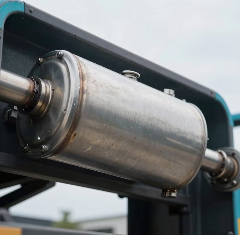 Macro close-up of a heavy-duty diesel truck exhaust system, clean stainless steel catalytic converter, cool overcast daylight, high-contrast industrial focus