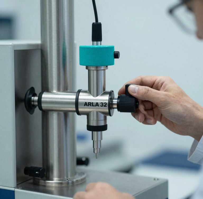 Close-up of a technical specialist in safety gear calibrating a stainless steel ARLA 32 dispensing pump, laboratory testing equipment visible, cool overcast daylight, high-contrast steel tones with cyan accents, sharp focus, 35mm
