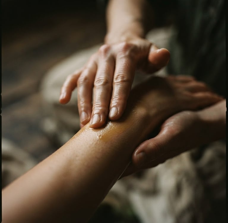 Close-up of hands gently applying botanical oils to skin, soft low-key ambient light, muted earth tones, shallow depth of field, 35mm