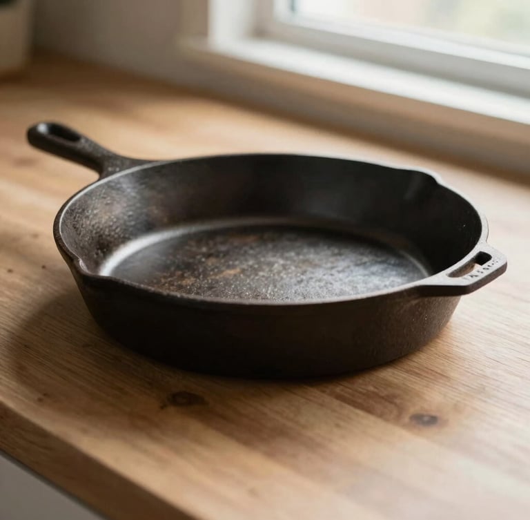 Tactile close-up of a seasoned cast-iron skillet resting on a clean wooden countertop, soft window light highlighting the textured iron surface.