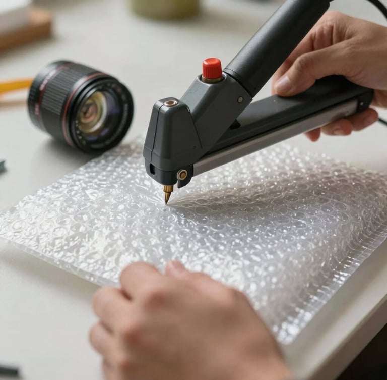 Tight close-up of artisan hands using a manual heat-sealer to seal a custom bubble wrap bag, bright natural daylight
