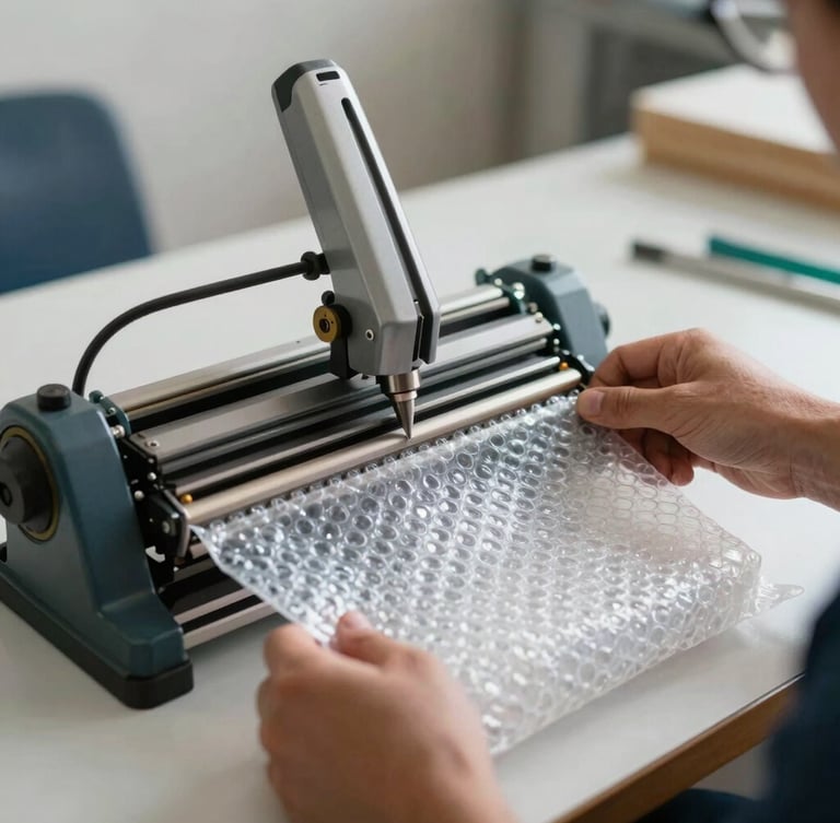 Close-up of hands operating a manual heat-sealing machine in a bright Querétaro workshop, sealing a custom-sized bubble wrap bag, natural daylight, industrial focus.