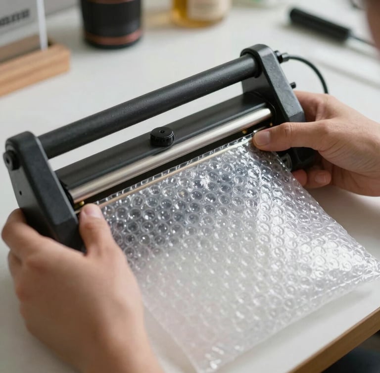 Close-up of hands using a manual heat sealer to seal a custom-sized bubble wrap bag, bright workshop lighting