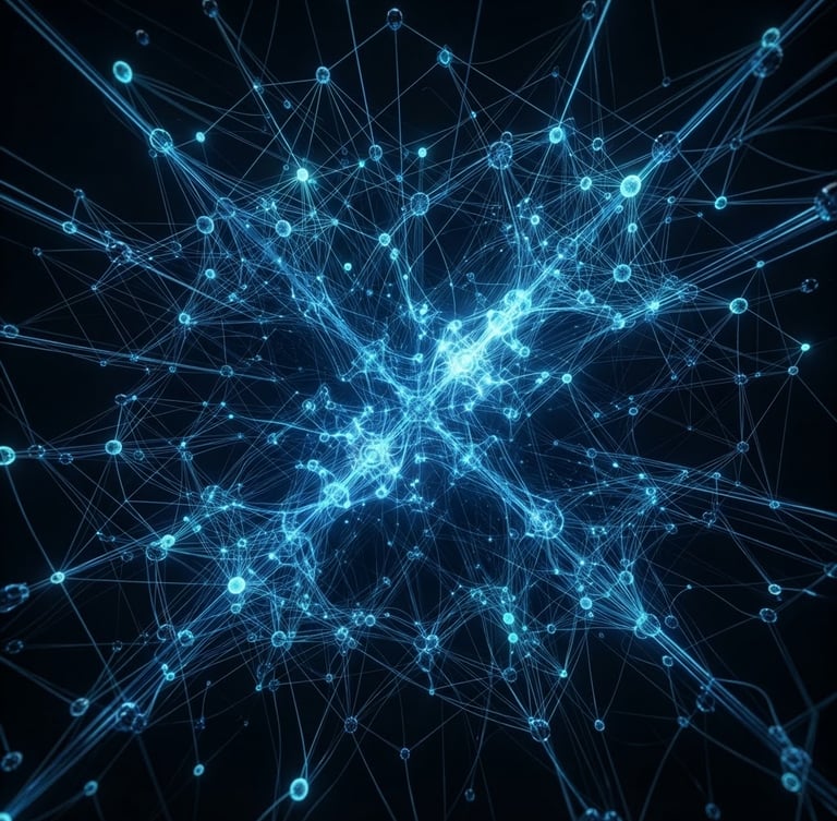 Sleek 3D render of glowing algorithmic node networks over a deep obsidian background, electric blue rim lighting, high-end technology aesthetic, octane render, 8k