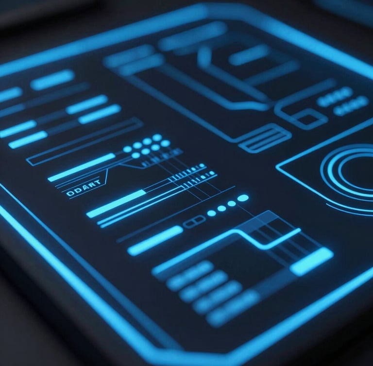 Macro close-up of a dark-themed dashboard interface with glowing electric blue data lines, clean 3D render, premium tech aesthetic