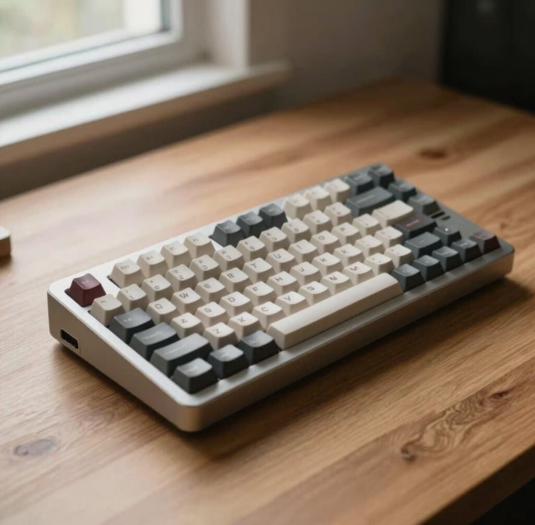 Detailed close-up of a high-end mechanical keyboard disassembled on a solid oak workbench, natural side window light, soft shadows, warm editorial photography style, 35mm lens, shallow depth of field
