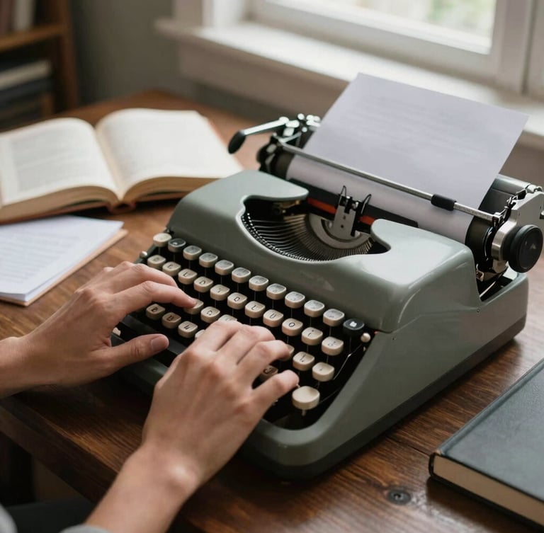 Candid medium shot of a writer's hands typing on a vintage typewriter on a dark oak desk, surrounded by drafts and open reference books, warm natural morning light, 35mm.