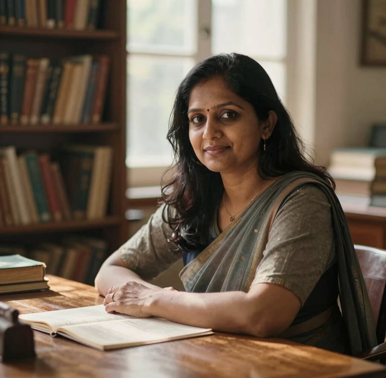 Warm 35mm editorial portrait of an Indian female author in her late 30s, sitting by a sunlit wooden desk in a library filled with old books, soft natural window light, shallow depth of field.