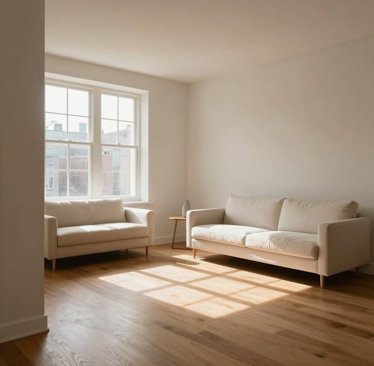Architectural interior photo of a sun-drenched Montreal living room, soft diffused daylight illuminating polished oak floors, minimalist cream furniture, serene atmosphere.