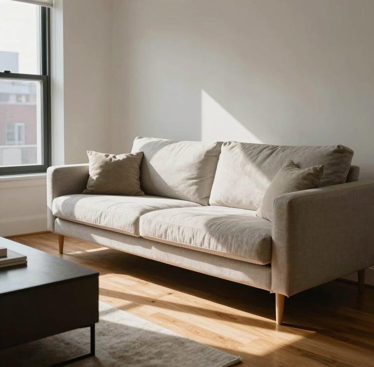 A beautifully styled sun-drenched Montreal apartment living room post-clean, crisp linens on a modern sofa, polished wooden floors catching natural light, architectural angle.
