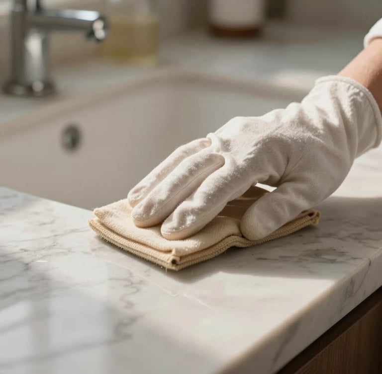 Close-up detail of a hand in a soft cotton glove polishing a marble countertop, warm daylight reflecting off the clean surface