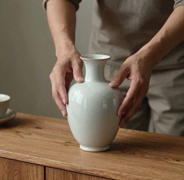 A close-up of hands carefully arranging a ceramic vase on a clean wooden console table