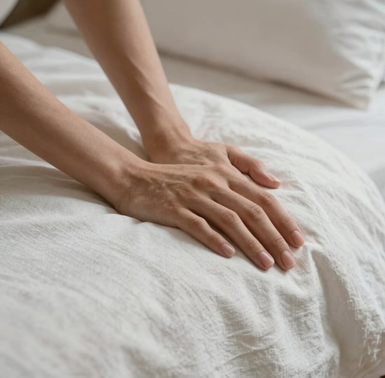 Macro detail shot of hands carefully smoothing crisp linen sheets on a beautifully styled bed, soft natural morning light, editorial aesthetic.