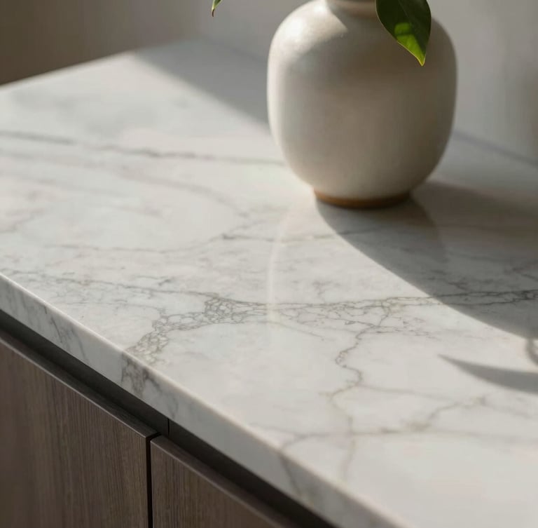 Close-up of a perfectly styled marble countertop catching soft morning light, a single ceramic vase with a delicate green leaf, architectural framing