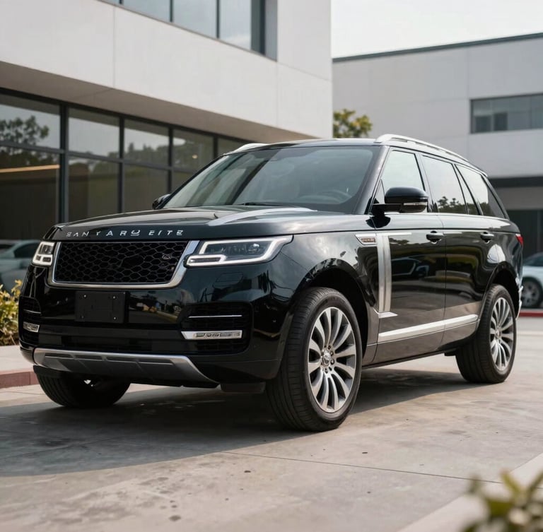 Low-angle heroic shot of a spotless black executive SUV parked in a modern corporate driveway, sharp reflections on the polished paintwork, crisp daylight
