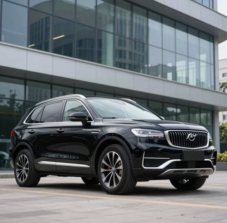 Low-angle heroic shot of a spotless black executive SUV parked in front of a modern corporate building with glass facade, sharp daylight reflections on the polished black paint, clean composition.