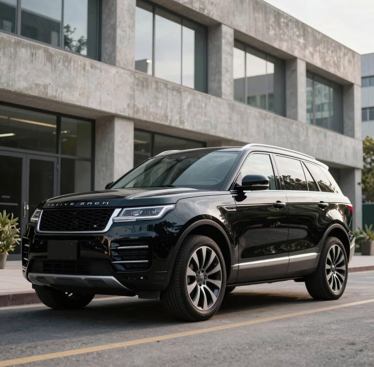 Low-angle heroic shot of a spotless black executive SUV parked in front of a modern concrete corporate building, sharp morning light reflecting on the polished paint, clean composition.