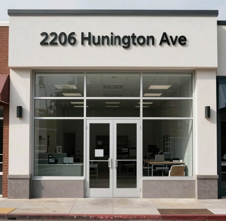 Straight-on architectural shot of a clean, clinical storefront facade at 2206 Huntington Ave, neutral overcast daylight, crisp structural lines, no dramatic shadows.