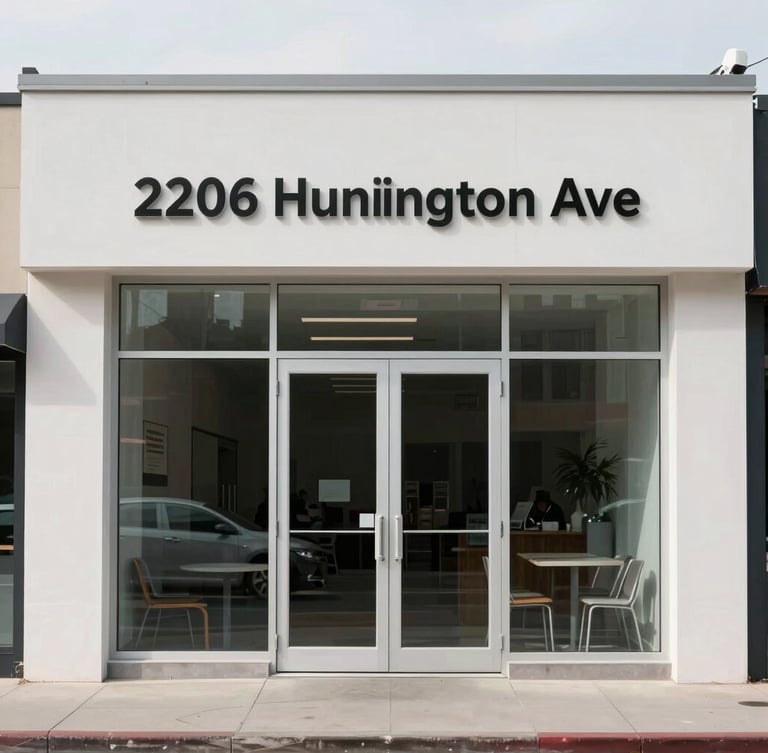 Straight-on architectural photograph of the minimalist storefront at 2206 Huntington Ave, clean glass windows, clear signage, bright overcast daylight.