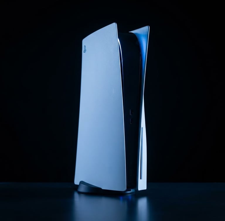 Sleek PlayStation 5 console standing vertically, dramatic blue neon studio lighting, dark high-contrast background, sharp focus, 8k resolution