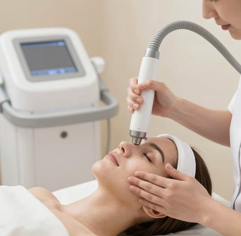 An advanced laser skin treatment procedure in progress, showing professional equipment in use, bright natural lighting, warm beige and white aesthetic environment, premium editorial photography.