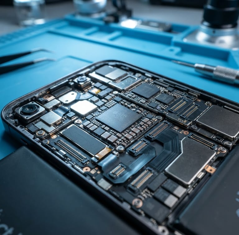 Extreme close-up macro shot of a pristine smartphone interior, bright cool studio lighting with electric cyan highlights, clean technical repair bench in background