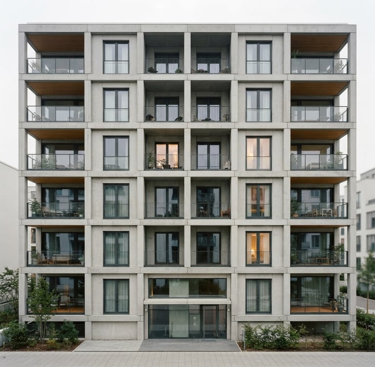 Orthographic architectural photograph of a modern German apartment building, clean concrete lines, sharp geometric structure, soft overcast daylight, desaturated neutral tones with warm amber accents