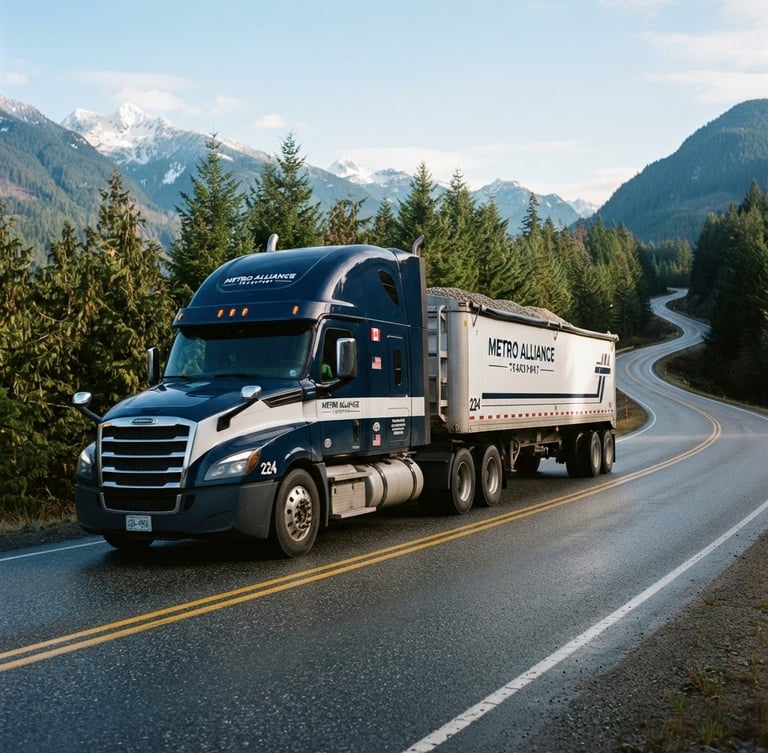 Low-angle heroic shot of a branded Metro Alliance Transport Freightliner Cascadia truck on a scenic British Columbia highway under crisp morning daylight, premium commercial photography, 35mm