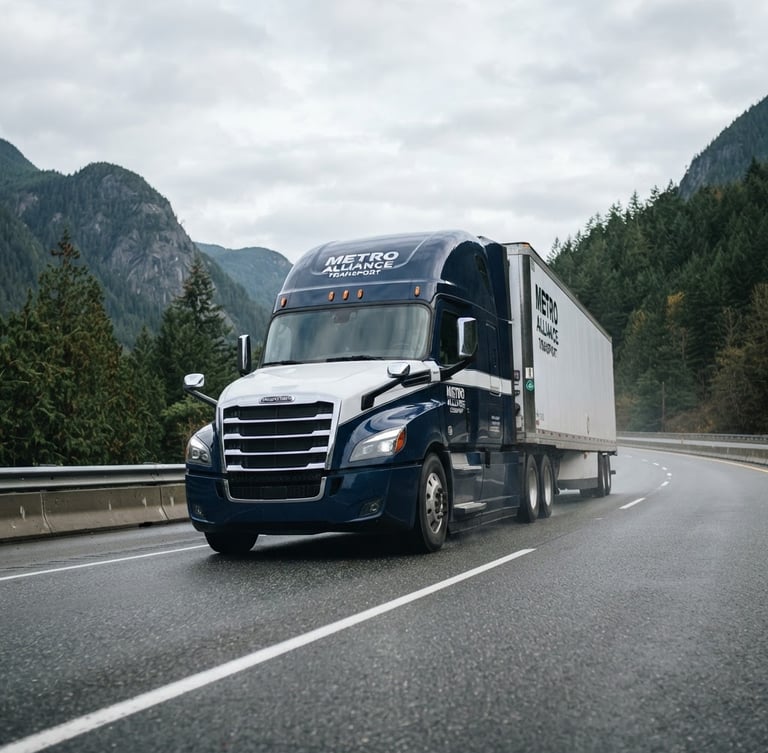 Low-angle heroic shot of a branded Metro Alliance Transport Freightliner Cascadia Class 8 truck on a scenic British Columbia highway, overcast Pacific Northwest sky, crisp morning daylight, 35mm commercial photography