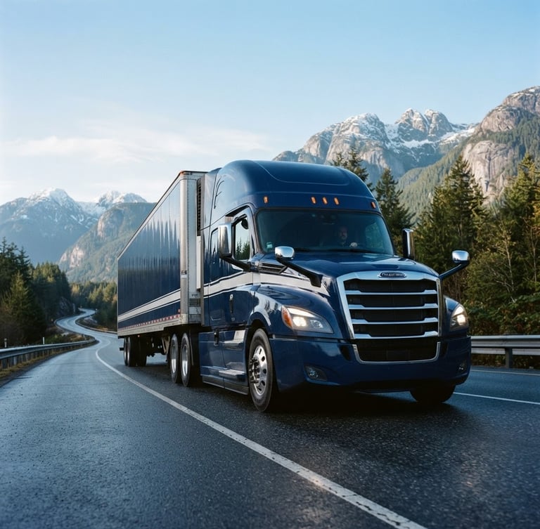 Low-angle heroic shot of a branded Metro Alliance Cascadia truck on a British Columbia highway, crisp morning daylight, deep navy and white tones, 35mm
