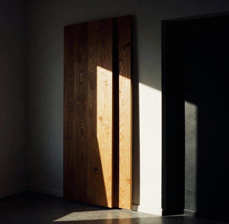 Candid behind-the-scenes production shot, high-contrast architectural details of a modern studio in Pocatello, harsh natural light, deep shadows, warm golden-hour accents