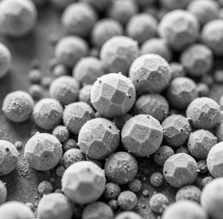 Extreme macro top-down scanning electron micrograph of sub-micron inorganic powder crystals, sharp geometric facets, cold clinical white lighting, stark shadows, high contrast.