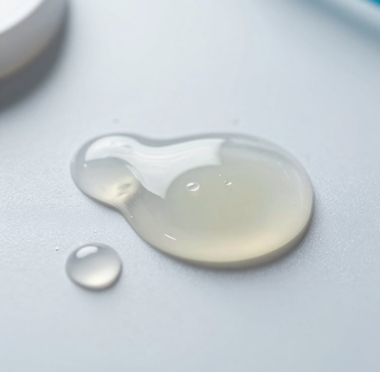 Extreme macro photography of transparent, highly viscous silicone oil forming structured droplets on a clean white clinical surface, cool-toned studio lighting, sharp shadows