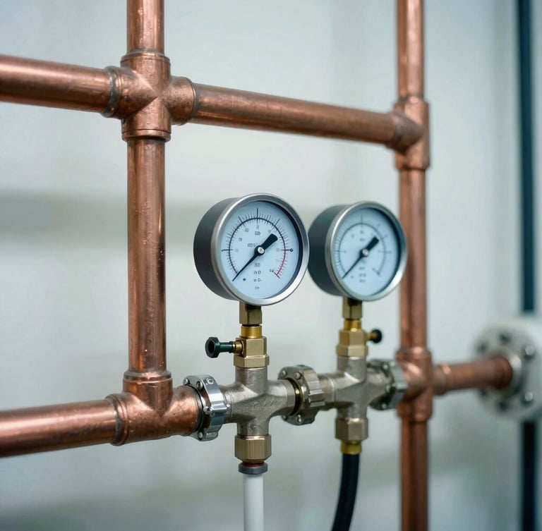 Sharp close-up of a clean copper piping network and a high-precision pressure gauge showing steady readings in an organized hospital mechanical room, bright neutral daylight, high contrast, 35mm photography.