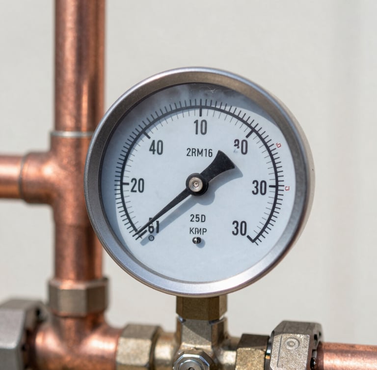 Macro technical photograph of clean copper piping network and a pressure gauge showing highly precise readings under bright daylight, sharp focus on mechanical details, 35mm