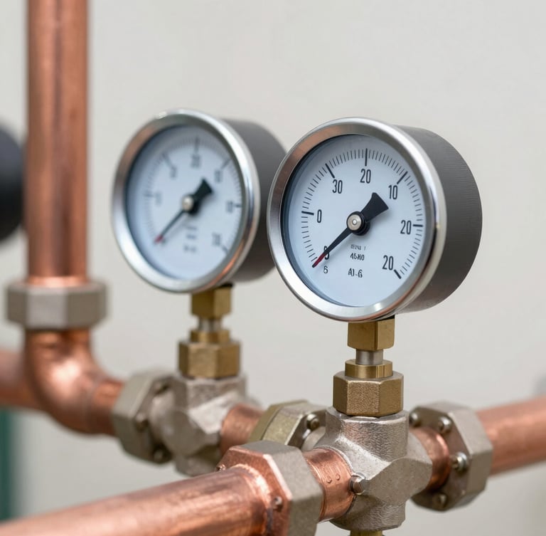 Macro shot of clean copper piping network with silver pressure gauge showing precise readings, bright neutral daylight, sharp technical focus