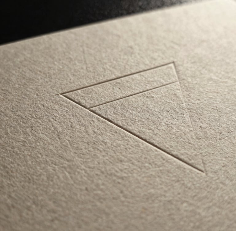 A macro shot of premium textured heavy paper stock with a sharp debossed geometric line, side-lit by precise studio key lighting.