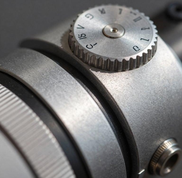 Macro close-up of a high-end physical interface, brushed metal dials, sharp linear shadows, architectural daylight.
