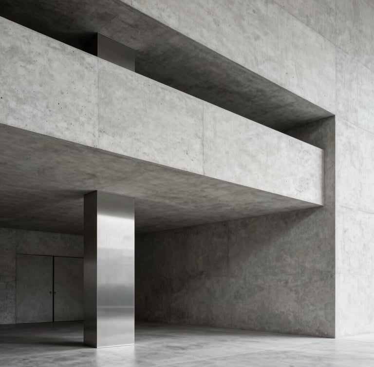 Architectural crop of a modern concrete workspace with sharp linear perspective, hard studio key lighting casting deep clean shadows, minimal brushed metal accents.