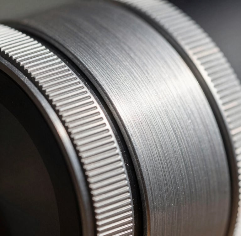 Extreme close-up of high-end physical interface with brushed metal dial and linear shadows, architectural daylight, structured composition, 3:4 aspect ratio.
