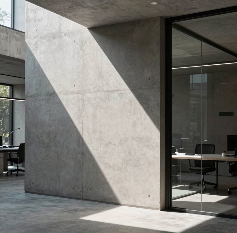 Architectural close-up of a modern concrete workspace with sharp geometric shadows and minimalist glass partitions under hard daylight.