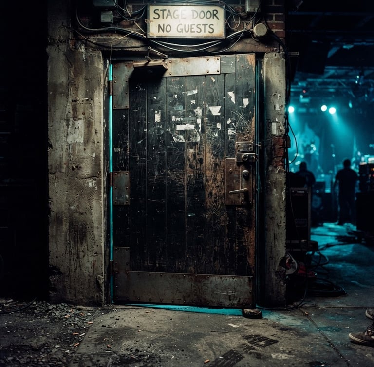 Low-angle gritty shot of a heavy metal backstage stage door, distressed wood and concrete, warm neon teal backlight, 35mm film grain