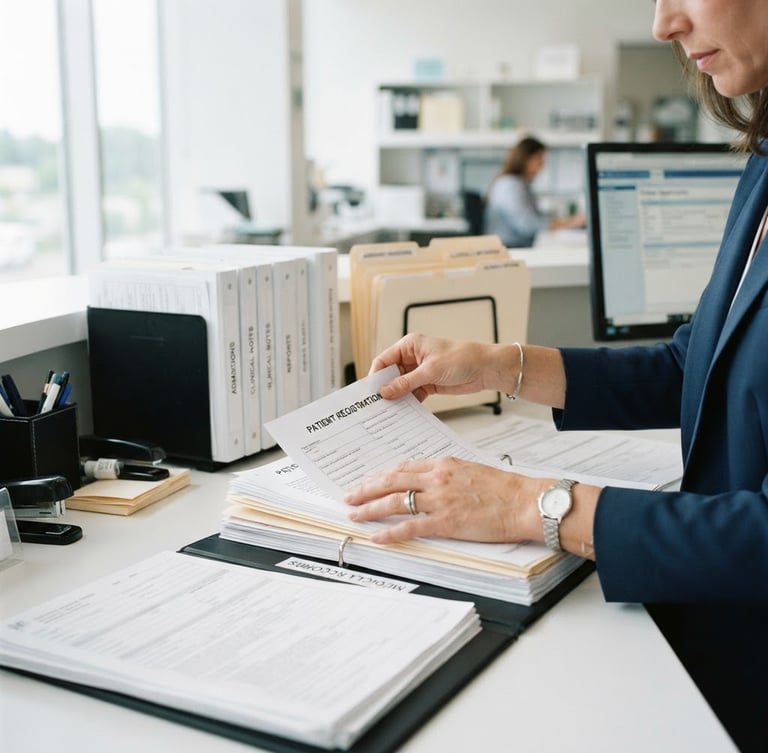 Hands of a clinical administrator in a bright office organizing professional medical documentation, clean corporate environment, daylight, 35mm
