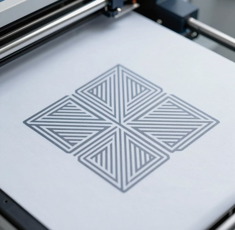 Macro detail shot of high-tech sublimation machinery printing precise geometric patterns onto technical performance fabric, bright cool-toned studio light, sharp focus.
